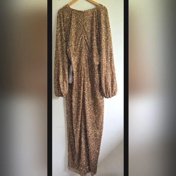 NWT! Mac Duggal, Sequined Puff Sleeve V Neck Gown, Bronze, Size 24, MSRP $498 - Picture 5 of 10